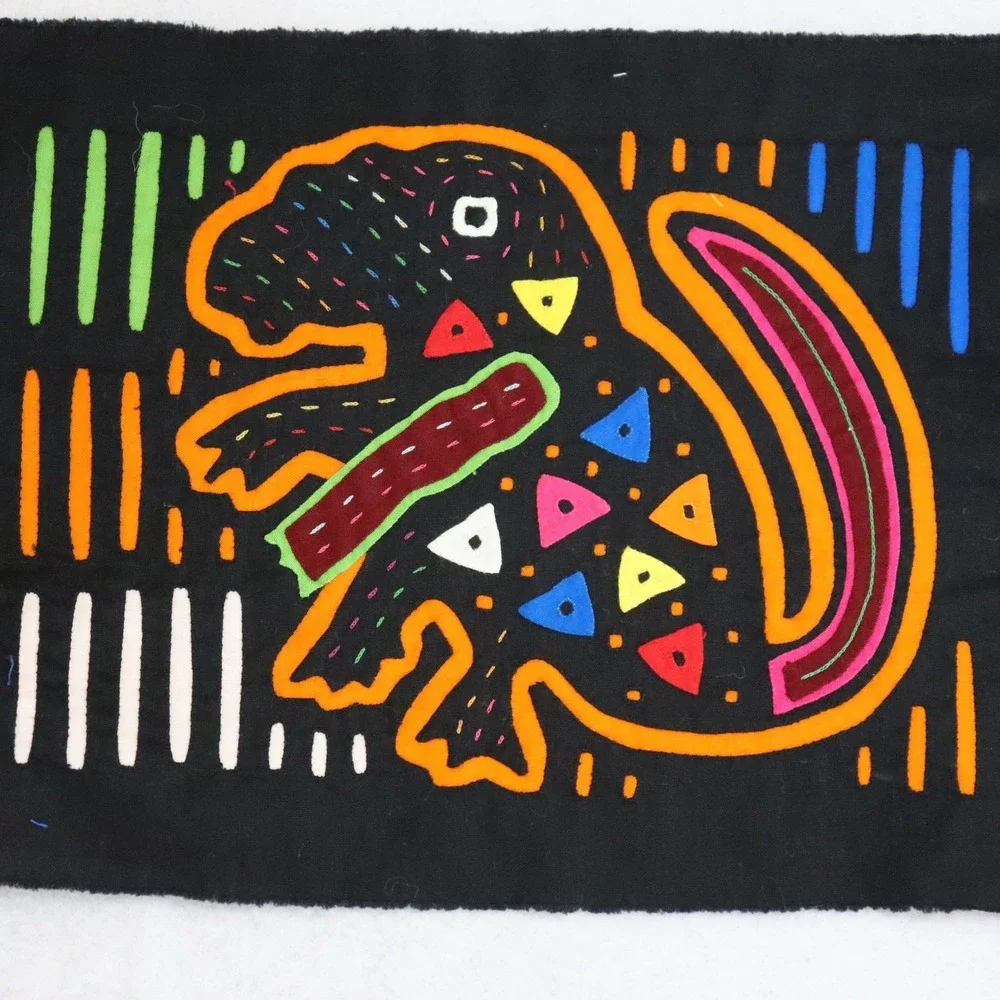 Vintage Kuna Mola Animal Textile Panels Pair Black Unisex Folk Art
